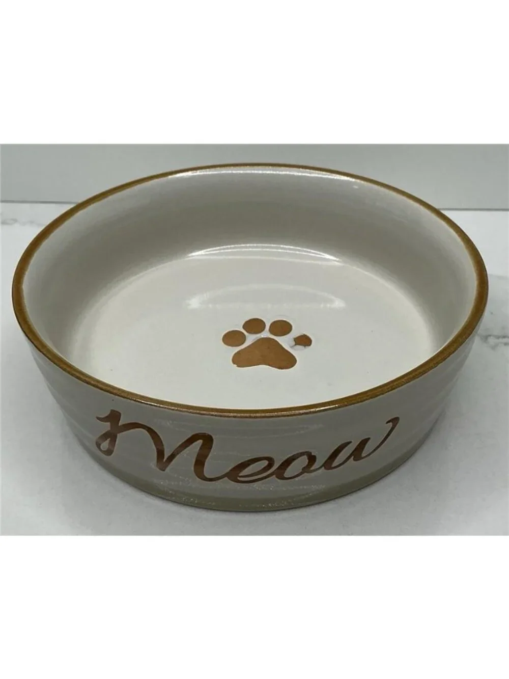 Spectrum Designz Cat Dish Ceramic Pet Bowl Tan Meow Paw Fifi Elegant 4.9” New